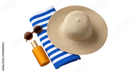 A still life composition of summer beach accessories including a straw sun hat striped towel sunglasses and sunscreen bottle set against a clean white background
