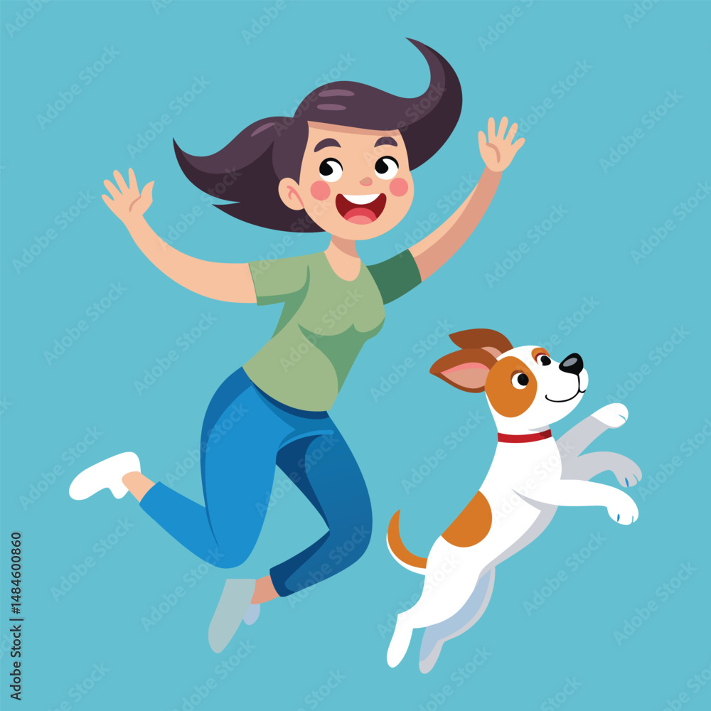 A female pet owner jumping with their Jack puppy, both filled with happiness A female pet owner jumping with their Jack puppy, both filled with happiness