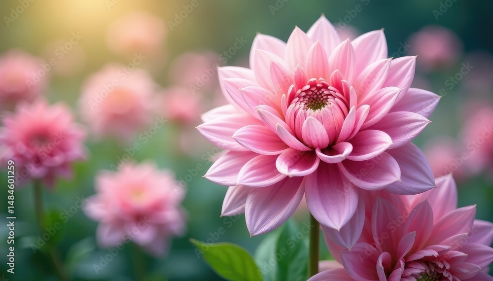 Fototapeta premium Repeating dahlia motif, pastel hues, soft focus , botanical, textile, wedding