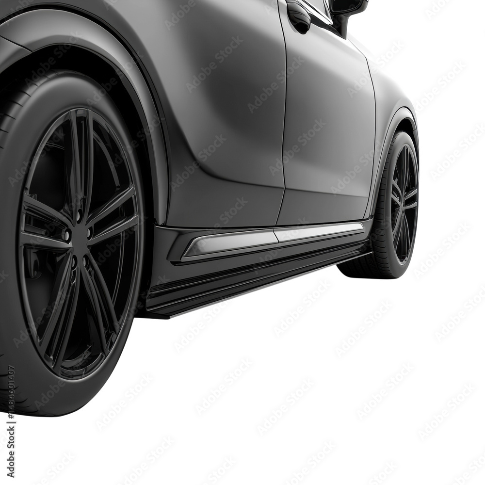 Sleek black car detail showcases elegant side skirts and intricate wheel on transparent background Sleek black car detail showcases elegant side skirts and intricate wheel on transparent background