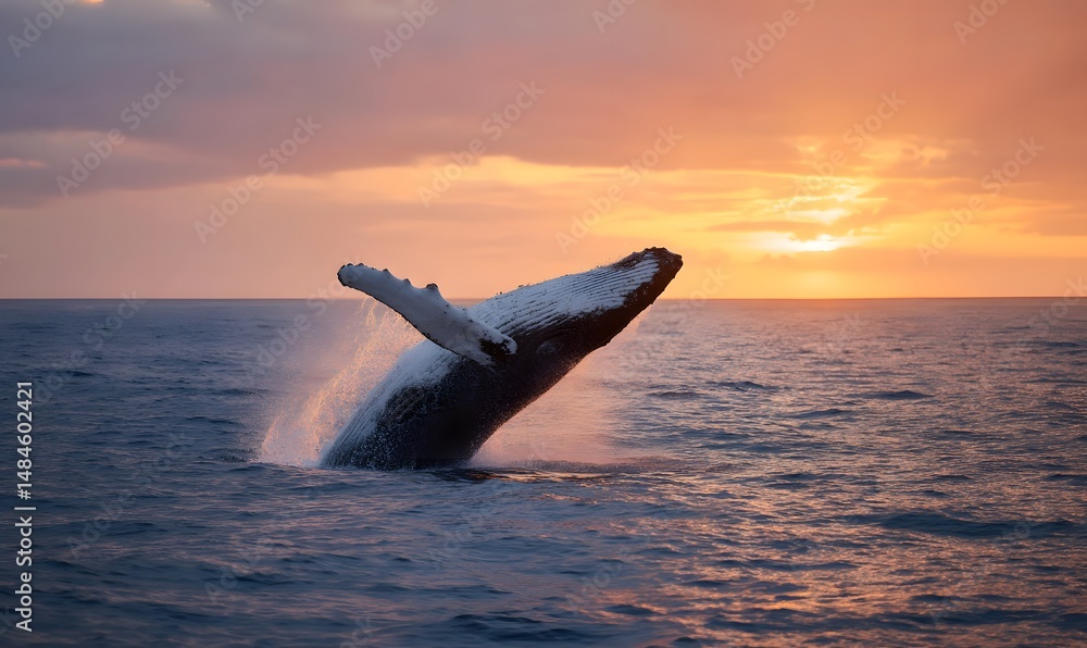 Fototapeta premium At sunset, the magnificent whale's plume rises above the ocean's surface, its water droplets illuminated by the sunlight. Generative AI