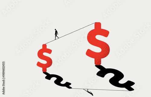 Businessman walking from big dollar sign to the smaller one, economic recession, shrinking business income concept, minimal business design.