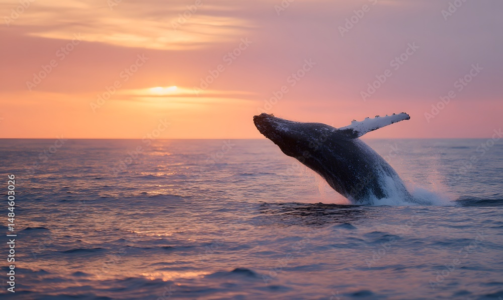 Fototapeta premium At sunset, the magnificent whale's plume rises above the ocean's surface, its water droplets illuminated by the sunlight. Generative AI