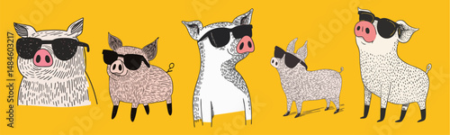 illustration set of cool summer penguins wearing sunglasses