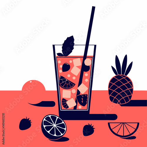 Tropical Paradise: A vibrant, photorealistic illustration of a refreshing cocktail, overflowing with juicy fruits and cool ice. This image captures the essence of summer and relaxation.