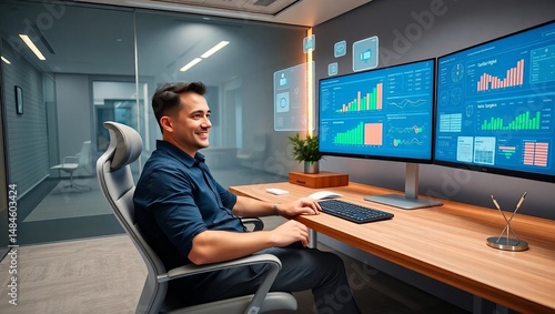 A young Asian male professional analyzing data on dual monitors in a modern office setting, exuding confidence and focus.