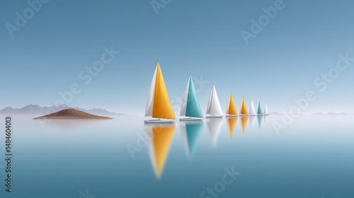 A tranquil dreamlike scene featuring a row of pastel colored sailboats reflecting on the still waters of a placid lake set against a clear blue sky horizon photo