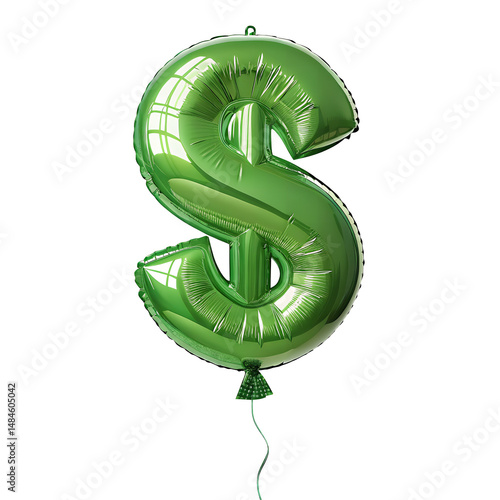 Green Dollar Sign Balloon: A vibrant, green balloon shaped like a dollar sign floats weightlessly, symbolizing financial concepts, profit, and market dynamics.