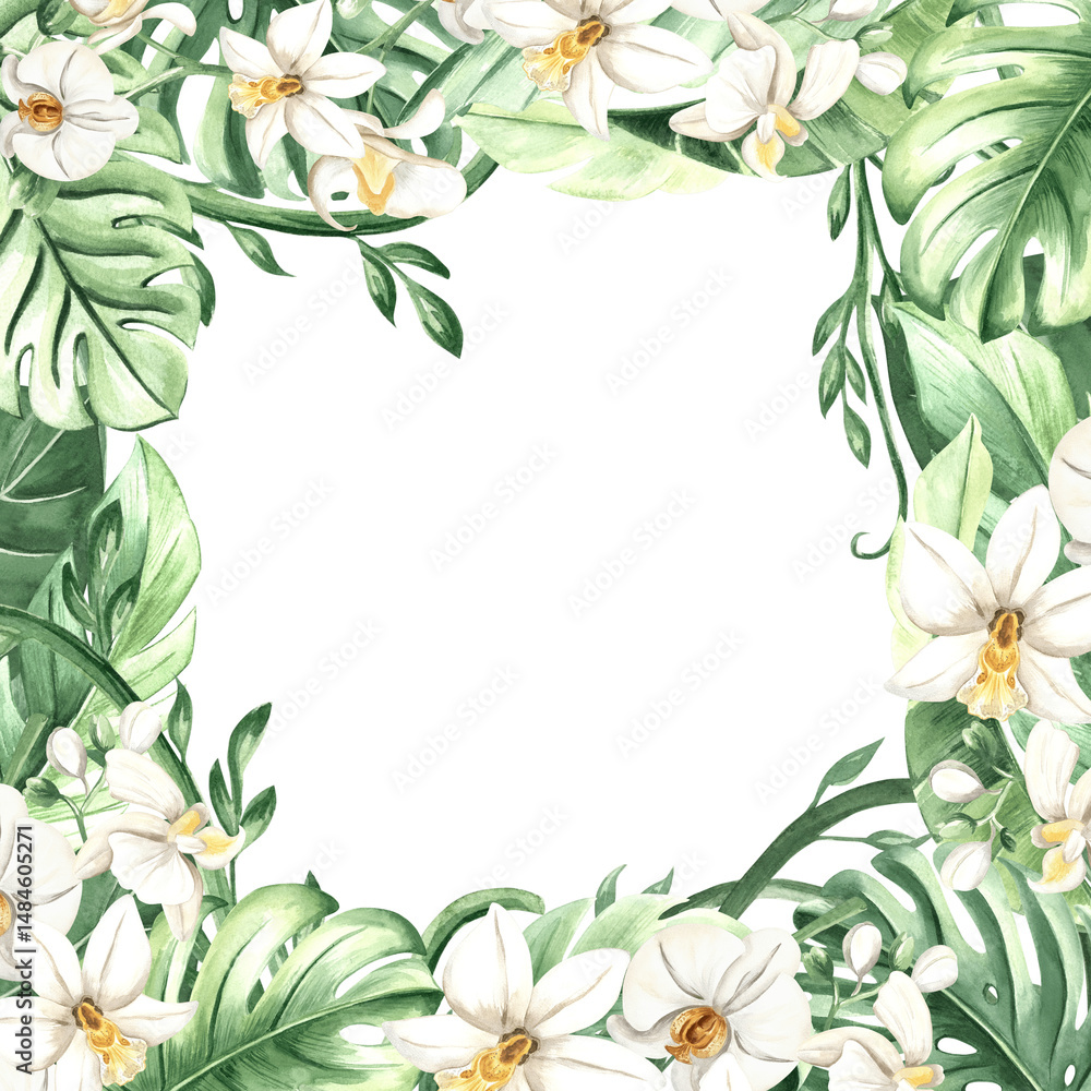 Fototapeta premium Watercolor tropical leaves and white orchid flowers isolated illustration of frame. Postcard template for rainforest designs. Hand drawn monstera, phalaenopsis and lush foliage of exotic jungle plants