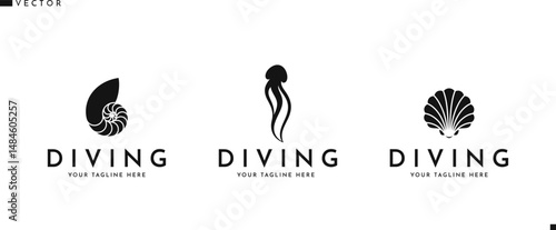 Sea life logo vector. Abstract jellyfish scallop and nautilus shell