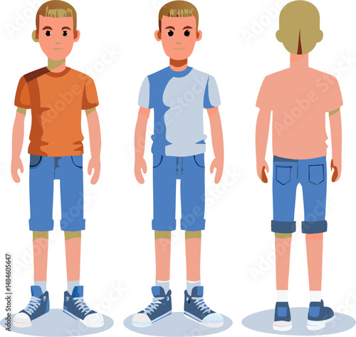 Fashion Forward: An illustration showcases a young boy in trendy attire, featuring different perspectives and a vibrant look.