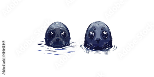 Print  Adorable seal pup's head peeking out of the water, vector illustration.