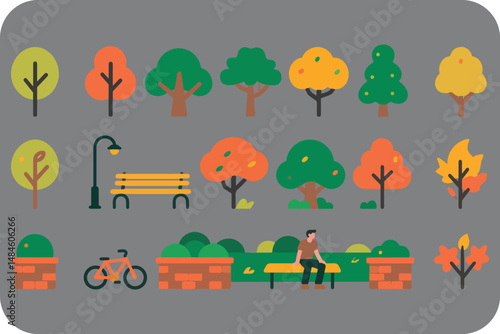 Autumn Park Scene with Trees Bench Bicycle and Man Relaxing