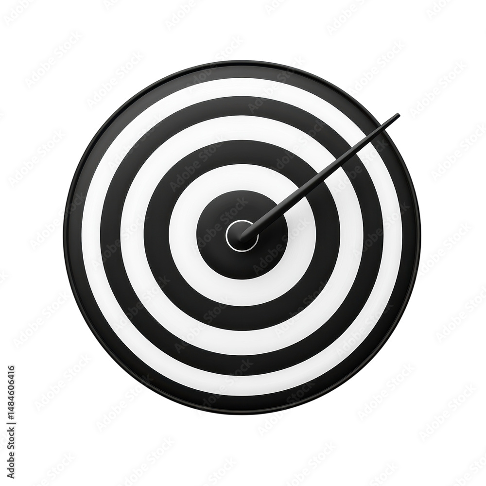 Striking black and white dartboard illustration with a centered arrow on transparent background Striking black and white dartboard illustration with a centered arrow on transparent background