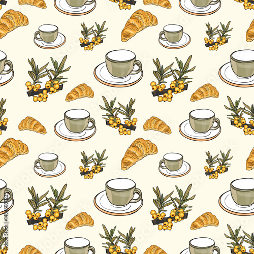 Seamless vector pattern with tea cups, croissants, and sea buckthorn sprigs on a beige background