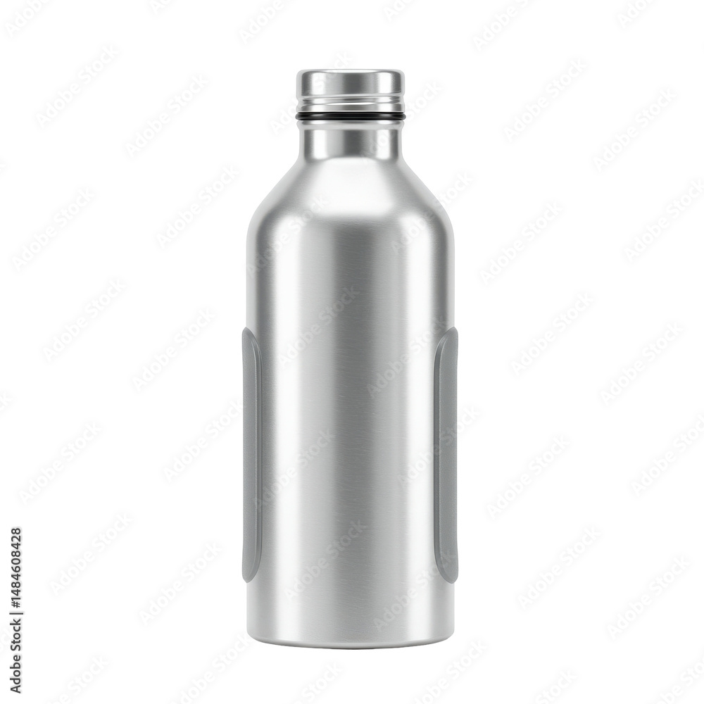 Shiny metal water bottle on a black background, with sleek silver design and grip panels Shiny metal water bottle on a black background, with sleek silver design and grip panels