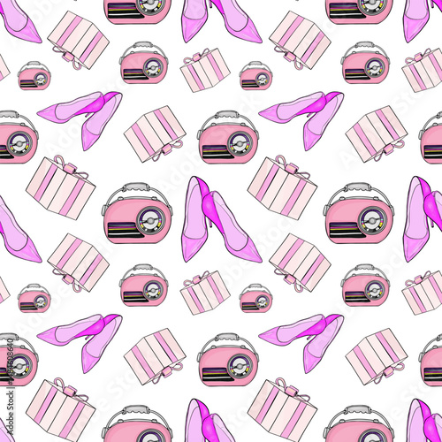 Seamless vector pattern with pink high heels, lipstick, perfume, eyeshadow palettes, and books on a white background