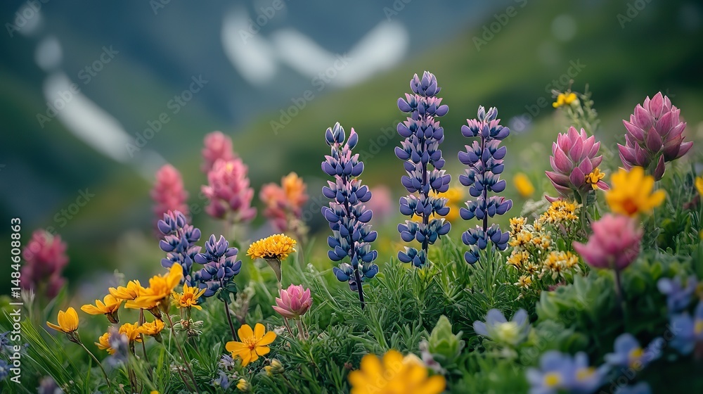 Fototapeta premium Amethyst flowers bloom in a hidden meadow, their vibrant colors contrasting with the surrounding greenery, a feeling of unexpected beauty and natural wonder