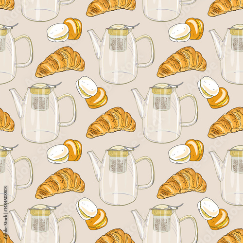 Seamless vector pattern with transparent glass teapots, croissants, and boiled eggs on a soft beige background