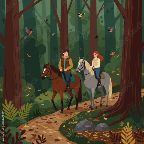 People Horseback Riding Through Forest Trail During Autumn Season