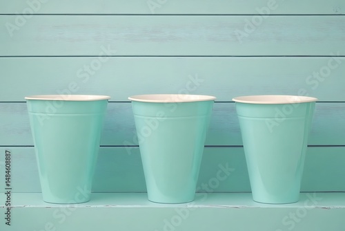 Three turquoise cups on a turquoise surface