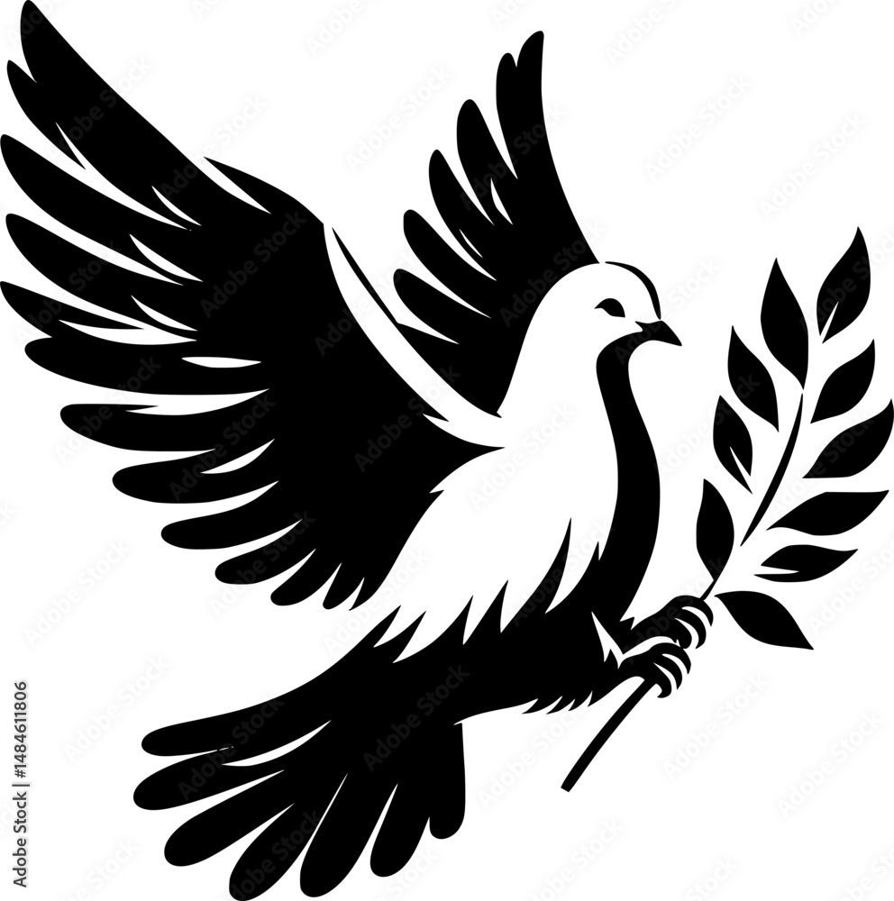 Fototapeta premium Vector black silhouette of a flying dove with olive branch on a white background. Pigeon, symbol of peace. EPS 10 version.