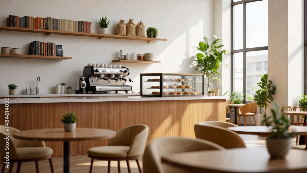 Fototapeta premium Cozy Modern Coffee Shop Interior with Scandinavian Design and Warm Natural Lighting
