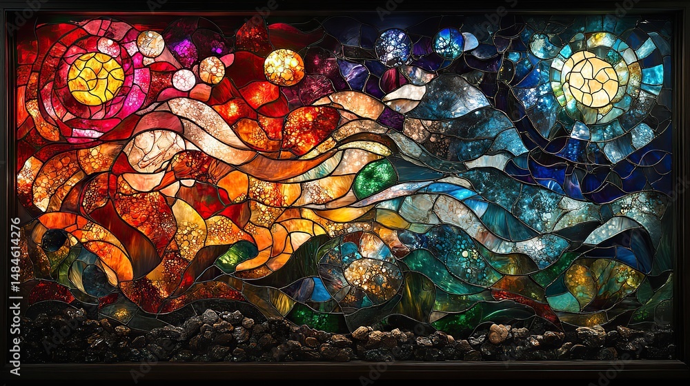 Obraz premium An intricate stained glass window depicting a scene of fantastical creatures and swirling abstract designs in rich colors