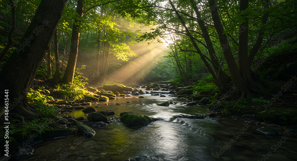 Sunbeams Illuminate Mossy Stream in Verdant Forest Sunbeams Illuminate Mossy Stream in Verdant Forest