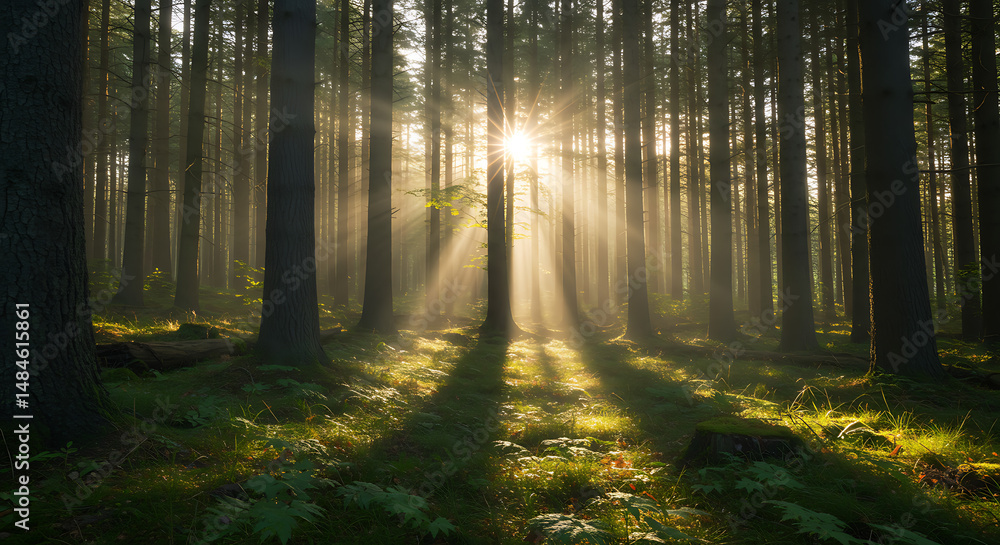 Fototapeta premium Sunbeams Illuminating Misty Pine Forest Floor