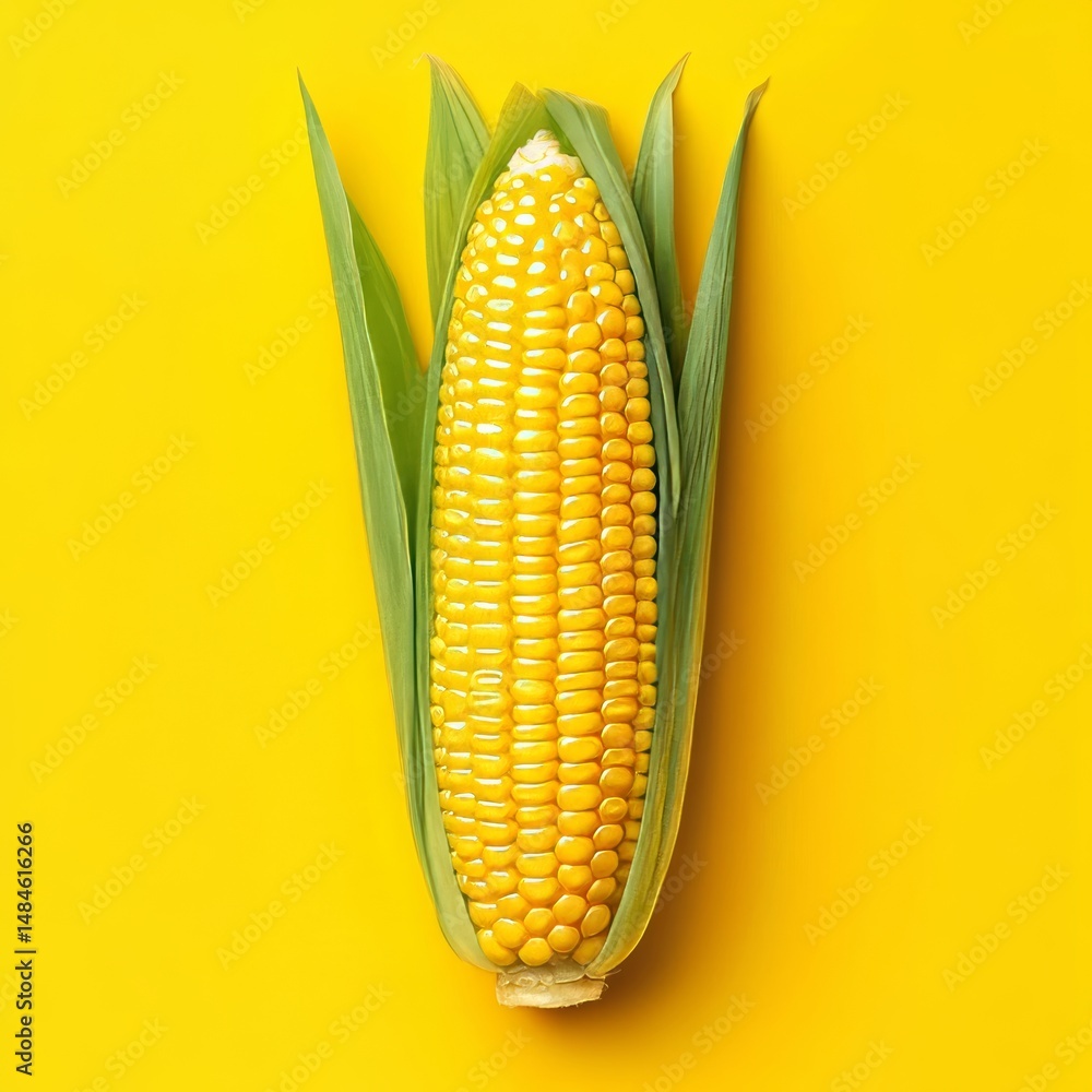 Obraz premium Ear of Fresh Corn, Vibrant Yellow Kernels, Intact Cob, Isolated on Bright Yellow Background,