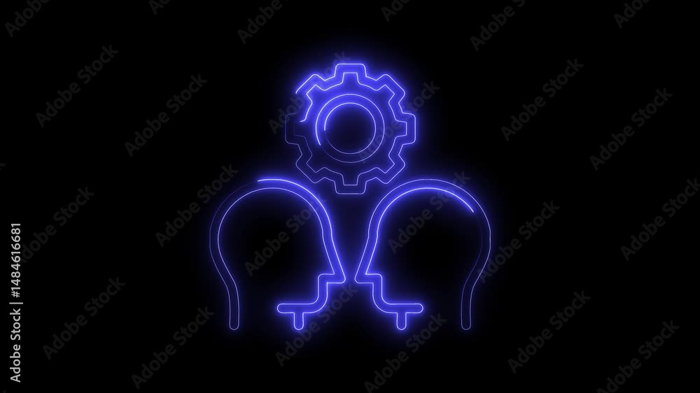 Neon brainstorming concept featuring two heads with a gear illustrating teamwork and collaboration Neon brainstorming concept featuring two heads with a gear illustrating teamwork and collaboration