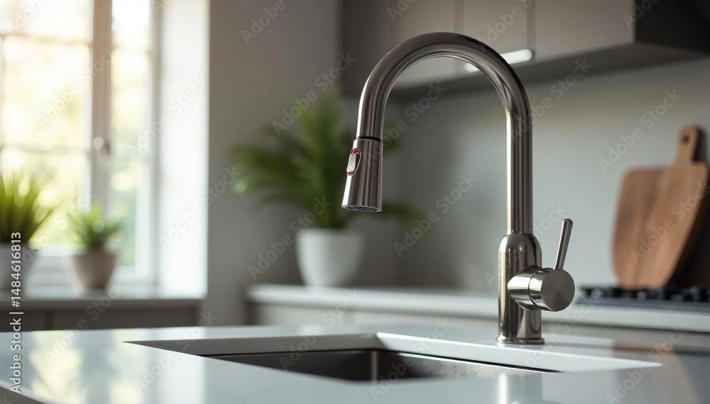 Modern kitchen faucet with stainless steel finish and pull-down sprayer, installed on a sleek countertop , appliance, minimalist Modern kitchen faucet with stainless steel finish and pull-down sprayer, installed on a sleek countertop , appliance, minimalist