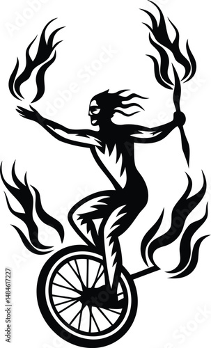 Performer riding a unicycle while juggling torches that are lit with flames silhouette, performer riding a unicycle while juggling torches that are lit with flames line art vector icon design