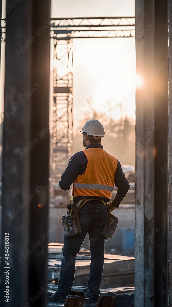 Fototapeta premium Architect aligning beams at building site