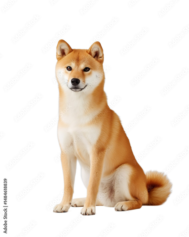This Shiba Inu displays a captivating fox-like appearance and a confident stance while sitting against a pure white backdrop This Shiba Inu displays a captivating fox-like appearance and a confident stance while sitting against a pure white backdrop