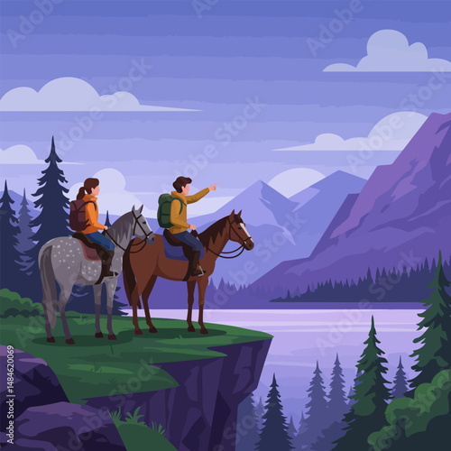 People Horseback Riding Overlooking Mountain Lake Landscape with Pine Forest