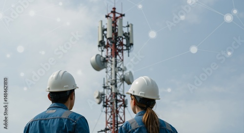 Two diverse engineers, a man and a woman, wearing white hard hats and blue work shirts, inspect a tall telecommunications tower against a cloudy sky with network graphics.