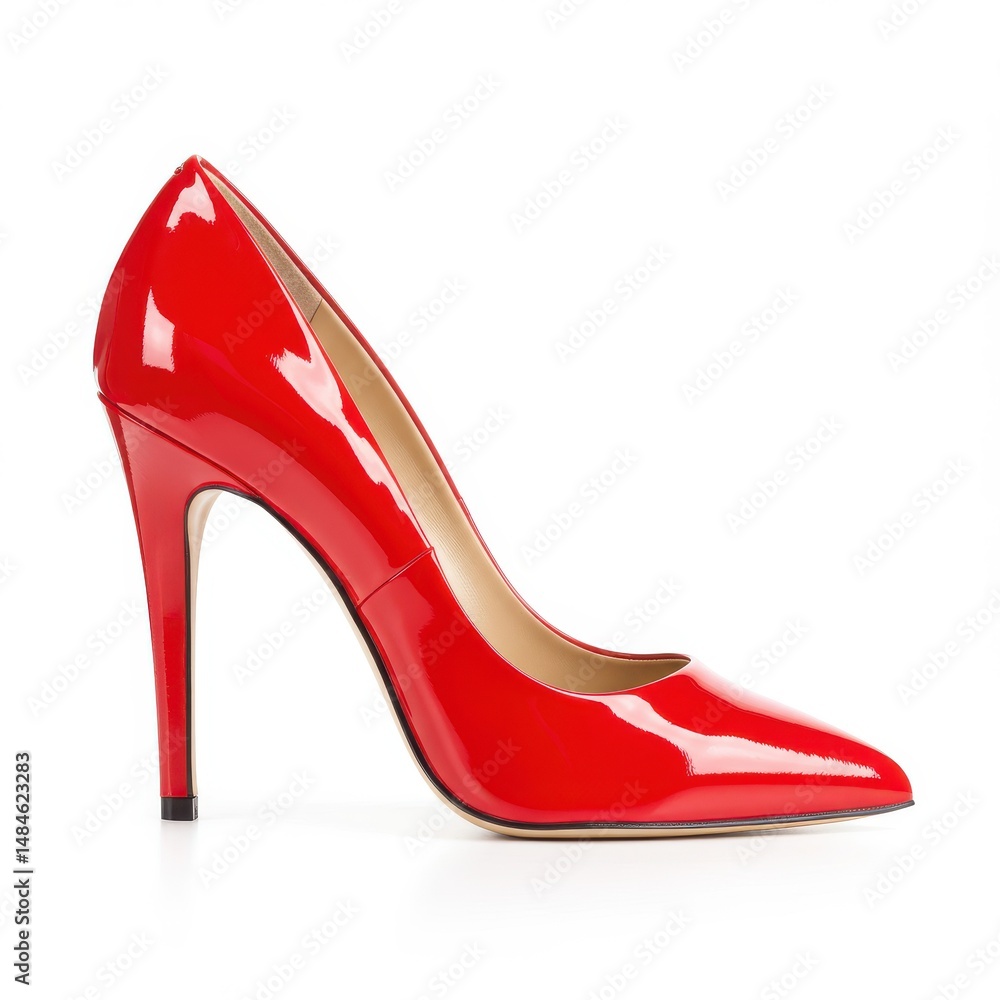 Red high heel shoe isolated on white background for fashion, style, and elegance use cases. Red high heel shoe isolated on white background for fashion, style, and elegance use cases.