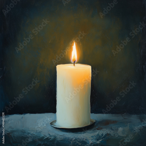 Single white candle burning in dark textured background painting