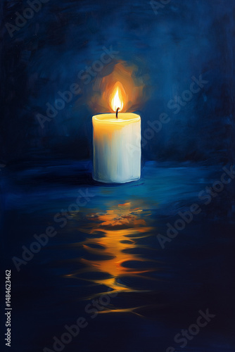 Burning candle in dark blue background with glowing reflection
