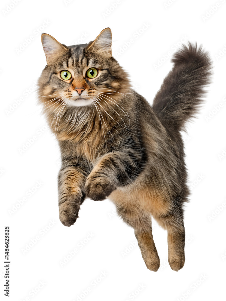 Obraz premium A Norwegian Forest Cat captures the moment of a mid-jump, all paws off the ground, flying elegantly with thick fur in soft focus and intense green eyes aimed forward