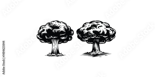 Print  mushroom cloud nuclear explosion black vector engraving illustration