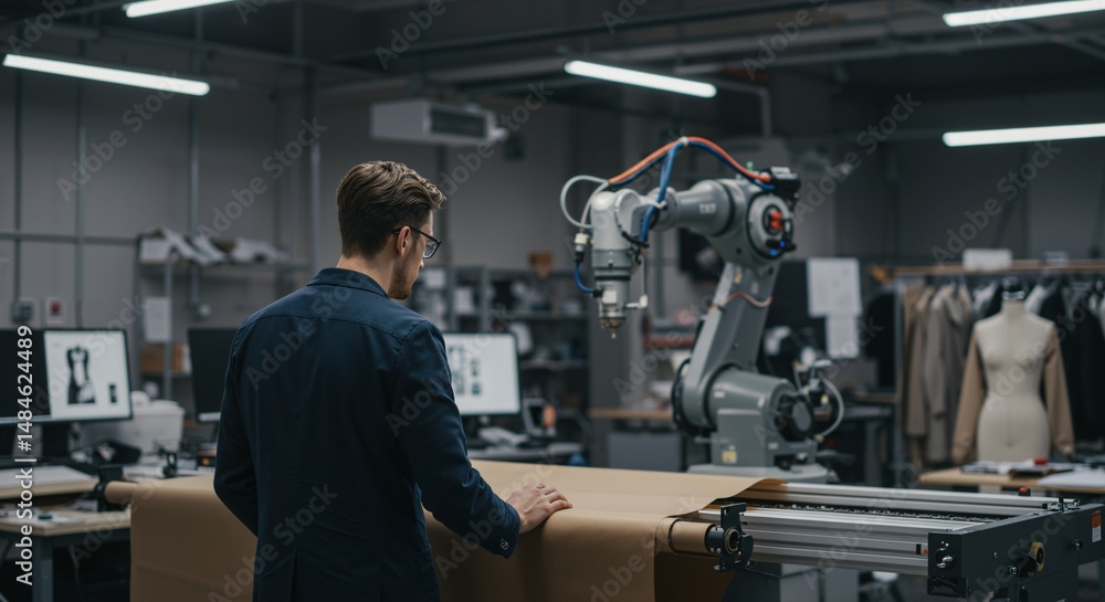 Male professional in a contemporary fashion workshop overseeing a robotic arm precisely processing material for garment design or manufacturing. Male professional in a contemporary fashion workshop overseeing a robotic arm precisely processing material for garment design or manufacturing.