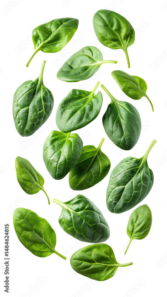 flying fresh spinach leaves isolated on transparent white background, clipping path flying fresh spinach leaves isolated on transparent white background, clipping path