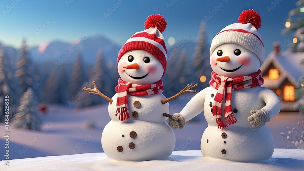 Obraz premium Cute Snowman in Winter Wonderland with Falling Snow