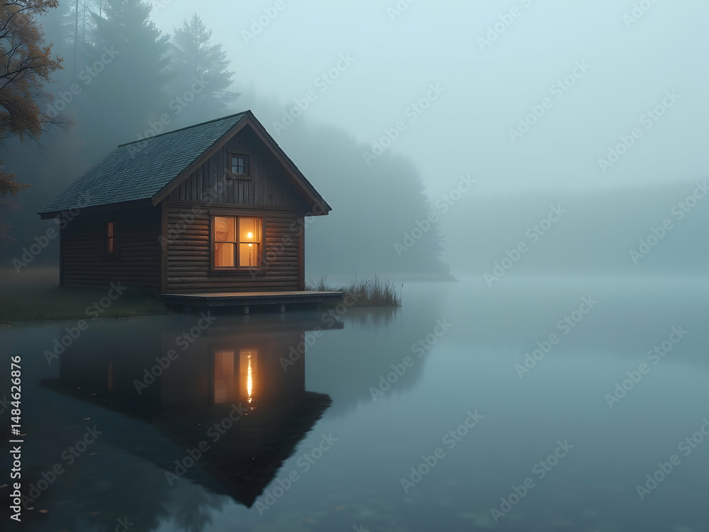 Obraz premium Tranquil Lakeside Retreat, A Cozy Cabin Bathed in Mist and Reflected Light, Evoking a Sense of Peace and Isolation in a Remote Wilderness Setting