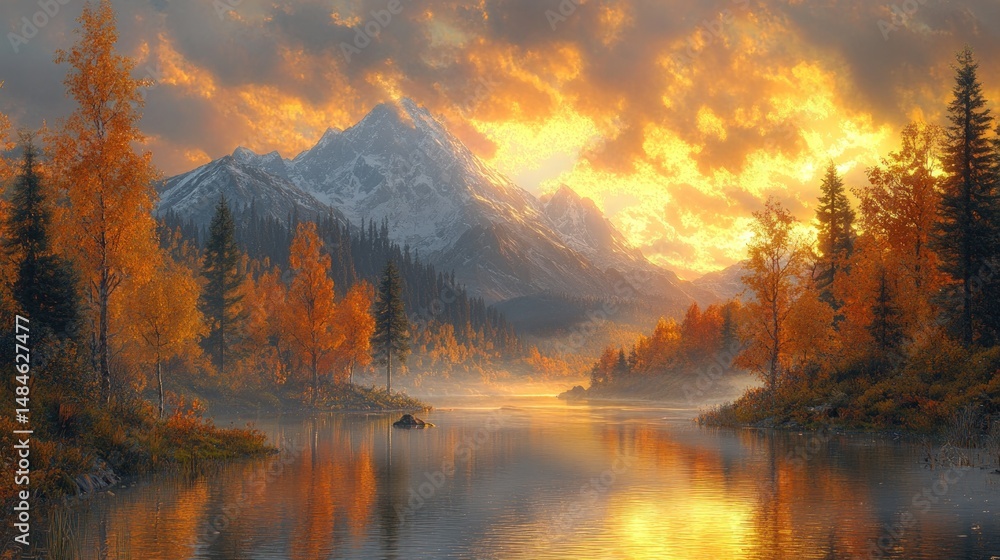 Fototapeta premium Autumn mountain lake sunrise