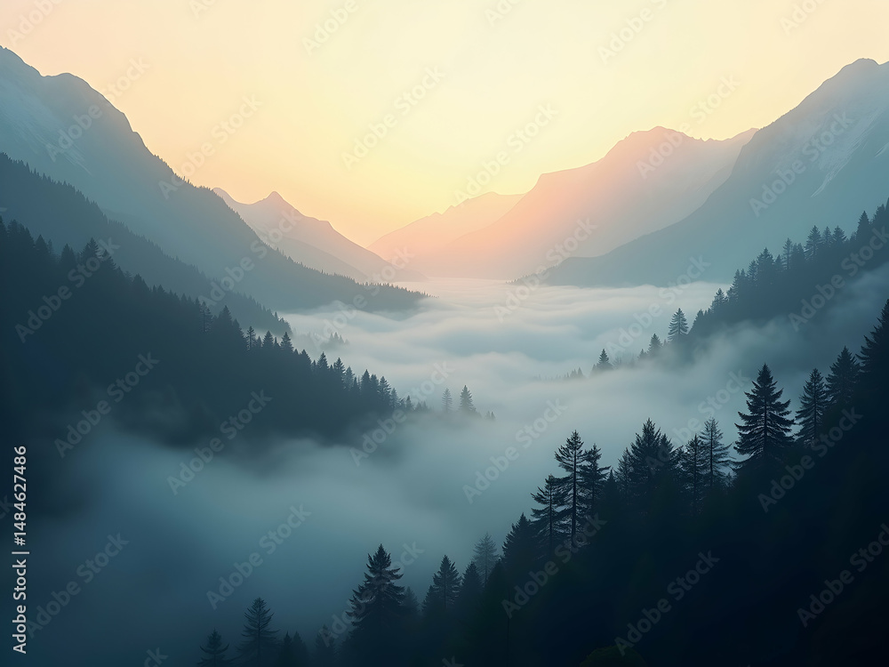 Obraz premium A breathtaking view of mountain peaks shrouded in mystical fog, with the warm glow of sunrise casting a golden light on the serene landscape creating peaceful atmosphere