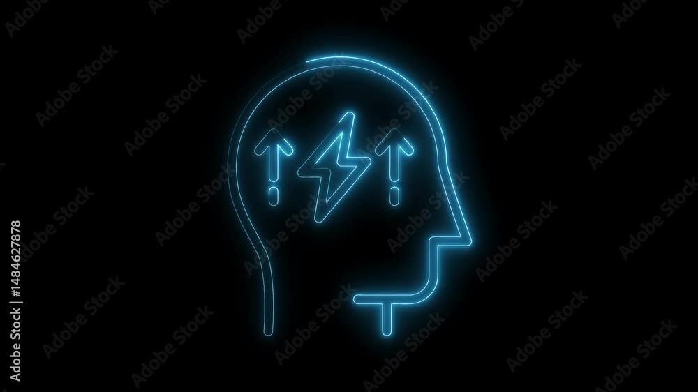 Neon head silhouette with lightning bolt and arrows on black background concept of brainstorming and innovation Neon head silhouette with lightning bolt and arrows on black background concept of brainstorming and innovation